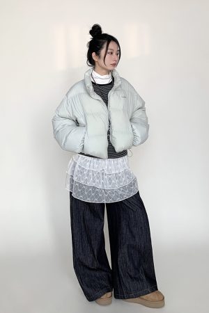 Mint Sea Salt Green Stand Collar Short Loose Versatile Puffer Jacket for Autumn Winter Fashion