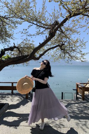 Misty Purple Plus Size Mid-Length Loose Draped Skirt - Flowing White Umbrella Design for Effortless Style