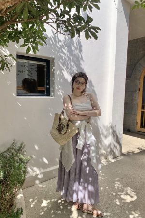 Misty Purple Plus Size Mid-Length Loose Draped Skirt - Flowing White Umbrella Design for Effortless Style