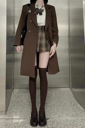 Mocha JK Plaid Skirt - Vintage-Inspired 90s Aesthetic, Ideal for Korean Style Outfits and Layering with Tees or Sweaters