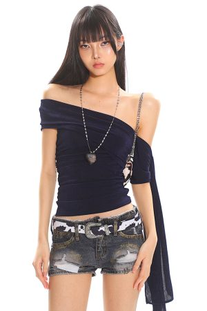 Multi-Way Slanted Shoulder One-Shoulder Top - Women's Summer Sparkling Mesh Vest, Trendy Y2K Style