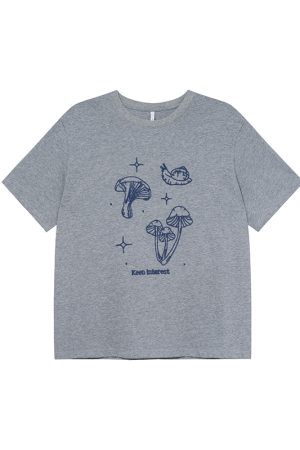 Mushroom Embroidery T-Shirt for Women, Spring/Summer 2025, Loose Fit, Slimming Round Neck, Pure Cotton, Casual Style