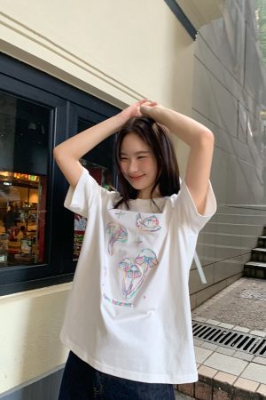 Mushroom Embroidery T-Shirt for Women, Spring/Summer 2025, Loose Fit, Slimming Round Neck, Pure Cotton, Casual Style