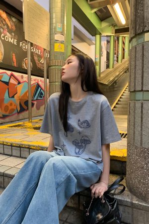 Mushroom Embroidery T-Shirt for Women, Spring/Summer 2025, Loose Fit, Slimming Round Neck, Pure Cotton, Casual Style