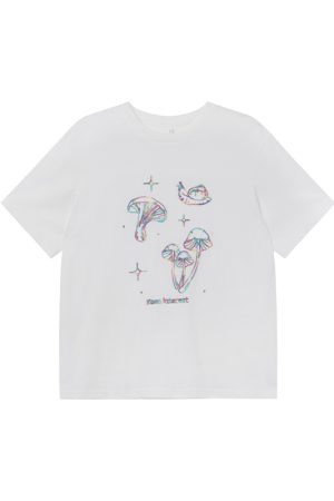 Mushroom Embroidery T-Shirt for Women, Spring/Summer 2025, Loose Fit, Slimming Round Neck, Pure Cotton, Casual Style