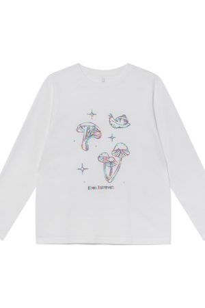 Mushroom Embroidery T-Shirt for Women, Spring/Summer 2025, Loose Fit, Slimming Round Neck, Pure Cotton, Casual Style