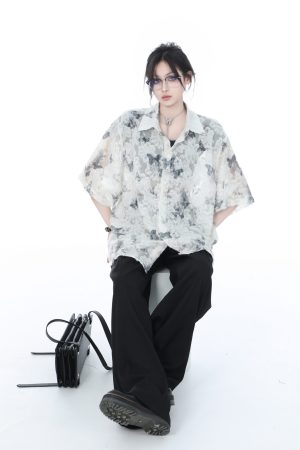 National Style Butterfly Embroidery Short Sleeve Shirt for Women, Loose Thin Summer Top, Design-Sensitive Fashion, Boho Chic