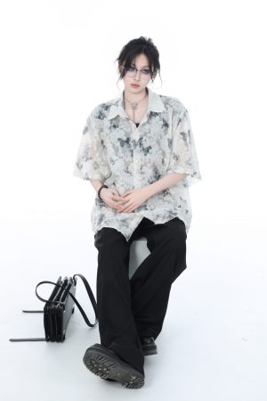 National Style Butterfly Embroidery Short Sleeve Shirt for Women, Loose Thin Summer Top, Design-Sensitive Fashion, Boho Chic