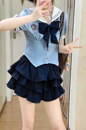 Navy Blue JK Uniform Sailor Suit with Pink Short Sleeve Top & Skirt Set - Women's College Style Pudding Bear Inspired Fashion