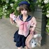 Navy Blue JK Uniform Sailor Suit with Pink Short Sleeve Top & Skirt Set - Women's College Style Pudding Bear Inspired Fashion