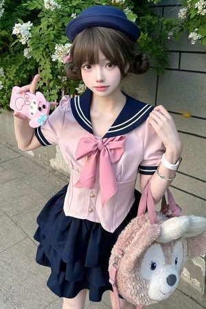 Navy Blue JK Uniform Sailor Suit with Pink Short Sleeve Top & Skirt Set - Women's College Style Pudding Bear Inspired Fashion