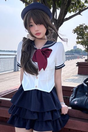 Navy Blue JK Uniform Sailor Suit with Pink Short Sleeve Top & Skirt Set - Women's College Style Pudding Bear Inspired Fashion