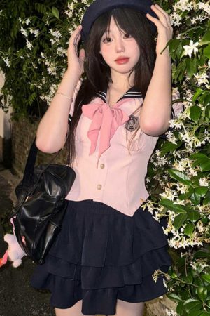 Navy Blue JK Uniform Sailor Suit with Pink Short Sleeve Top & Skirt Set - Women's College Style Pudding Bear Inspired Fashion