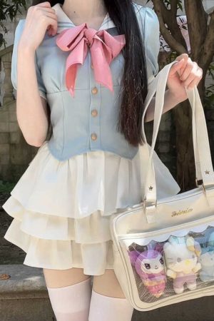 Navy Blue JK Uniform Sailor Suit with Pink Short Sleeve Top & Skirt Set - Women's College Style Pudding Bear Inspired Fashion