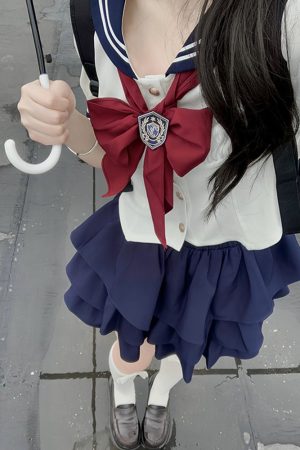 Navy Blue JK Uniform Sailor Suit with Pink Short Sleeve Top & Skirt Set - Women's College Style Pudding Bear Inspired Fashion