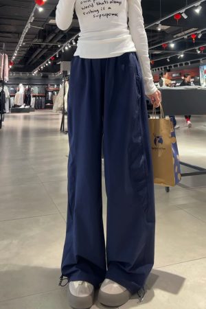 Navy Blue Loose-Fitting Plus Size Cargo Pants for Women, Quick-Dry BF Style Casual Sports Pants, Flattering Everyday Wear