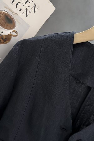Navy Blue Minimalist Linen Short Sleeve Coat for Women - Vintage Light Luxury Summer 2025 Fashion Top