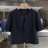 Navy Blue Minimalist Linen Short Sleeve Coat for Women - Vintage Light Luxury Summer 2025 Fashion Top