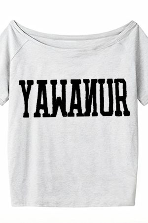Navy Blue Off-Shoulder T-Shirt for Women, American Retro Summer Letter Print, Sexy Short Sleeves, Loose Slimming Style