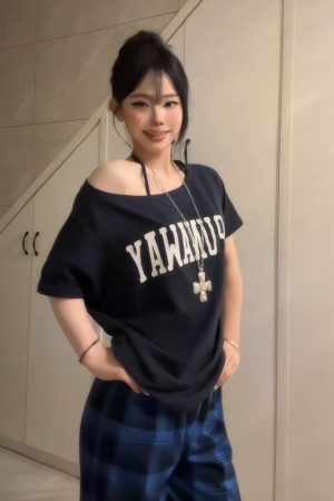 Navy Blue Off-Shoulder T-Shirt for Women, American Retro Summer Letter Print, Sexy Short Sleeves, Loose Slimming Style