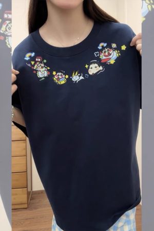 Navy Blue Oversized Crayon Shin-chan Short Sleeve T-Shirt for Women, Cute Cartoon Summer Top, Trendy Y2K Style