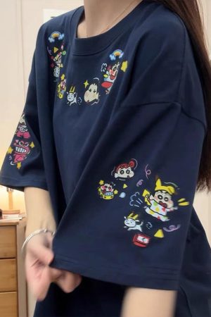 Navy Blue Oversized Crayon Shin-chan Short Sleeve T-Shirt for Women, Cute Cartoon Summer Top, Trendy Y2K Style