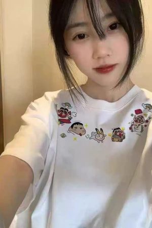 Navy Blue Oversized Crayon Shin-chan Short Sleeve T-Shirt for Women, Cute Cartoon Summer Top, Trendy Y2K Style