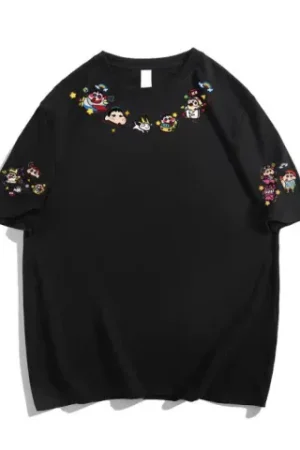 Navy Blue Oversized Crayon Shin-chan Short Sleeve T-Shirt for Women, Cute Cartoon Summer Top, Trendy Y2K Style