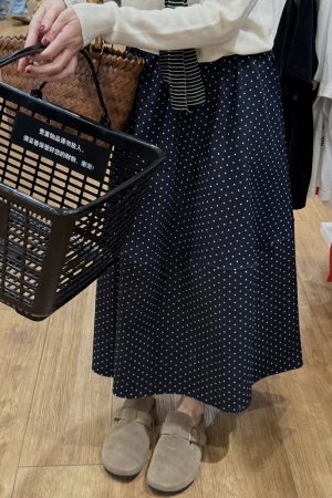 Navy Blue Polka Dot Plus Size Midi Skirt for Women - Flattering A-Line Patchwork Design, Summer 2025, Perfect for Curvy Figures