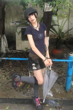 Navy Blue Short Sleeve V-Neck Rhinestone Spicy Girl Top with Ruffled Edges - Fitted Summer Style