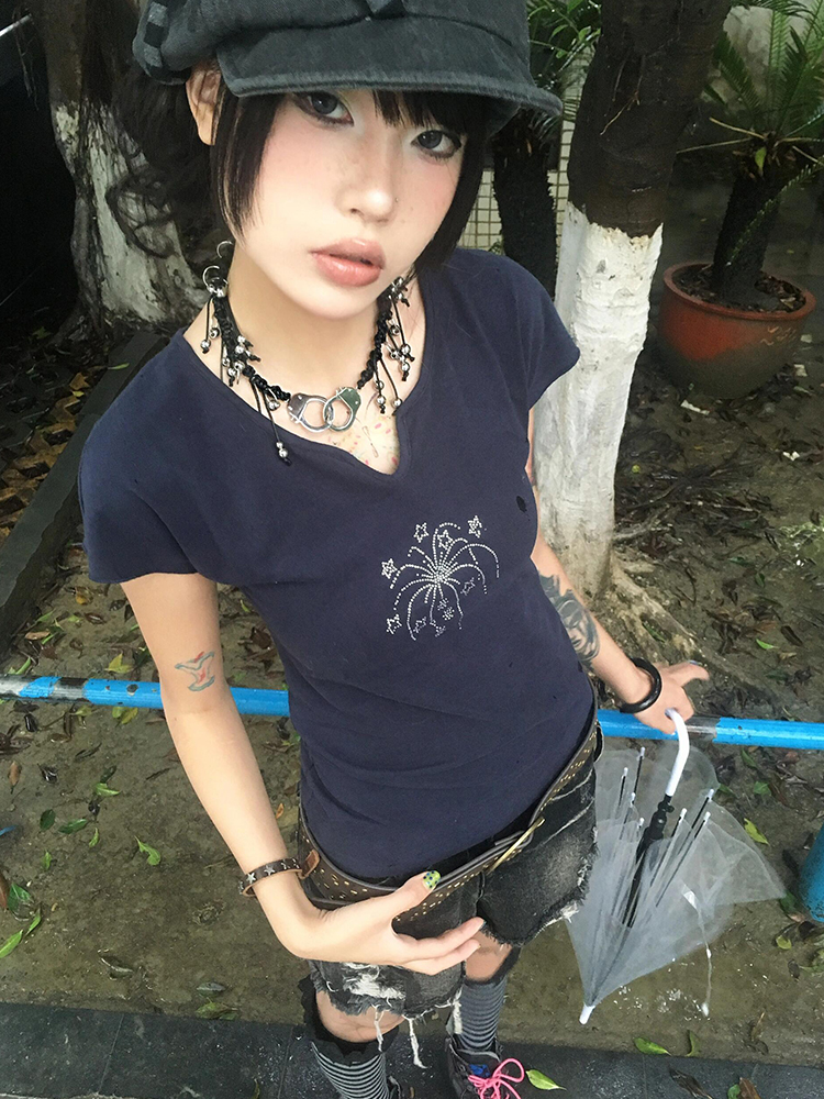 Navy Blue Short Sleeve V-Neck Rhinestone Spicy Girl Top with Ruffled Edges - Fitted Summer Style Navy Blue Short Sleeve V-Neck Rhinestone Spicy Girl Top with Ruffled Edges - Fitted Summer Style