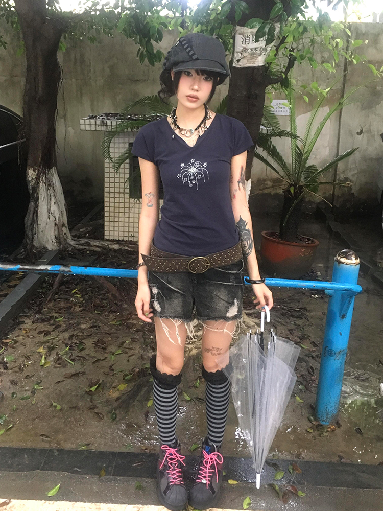 Navy Blue Short Sleeve V-Neck Rhinestone Spicy Girl Top with Ruffled Edges - Fitted Summer Style Navy Blue Short Sleeve V-Neck Rhinestone Spicy Girl Top with Ruffled Edges - Fitted Summer Style