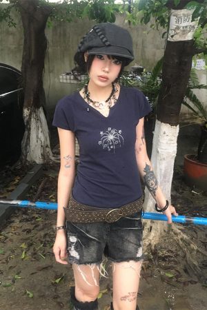 Navy Blue Short Sleeve V-Neck Rhinestone Spicy Girl Top with Ruffled Edges - Fitted Summer Style