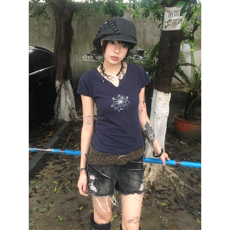 Navy Blue Short Sleeve V-Neck Rhinestone Spicy Girl Top with Ruffled Edges - Fitted Summer Style Navy Blue Short Sleeve V-Neck Rhinestone Spicy Girl Top with Ruffled Edges - Fitted Summer Style