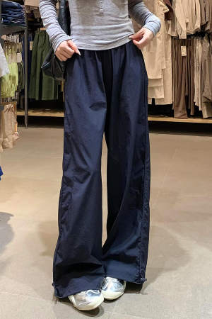 Navy Blue Wide-Leg Straight-Leg Work Pants for Women - Retro Casual Summer Sports Trousers