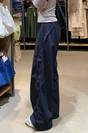 Navy Blue Wide-Leg Straight-Leg Work Pants for Women - Retro Casual Summer Sports Trousers