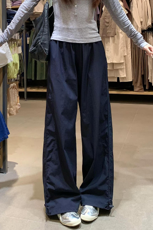 Navy Blue Wide-Leg Straight-Leg Work Pants for Women - Retro Casual Summer Sports Trousers