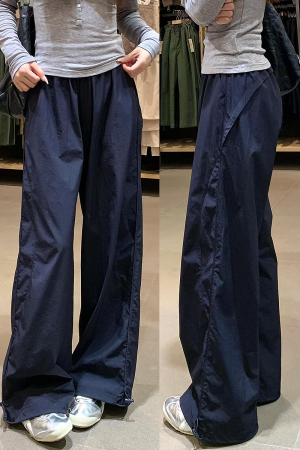 Navy Blue Wide-Leg Straight-Leg Work Pants for Women - Retro Casual Summer Sports Trousers