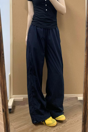 Navy Blue Women's Wide-Leg Work Pants - Loose Fit, Versatile Casual Trousers for Summer 2025, Slimming Straight-Leg Sports Style