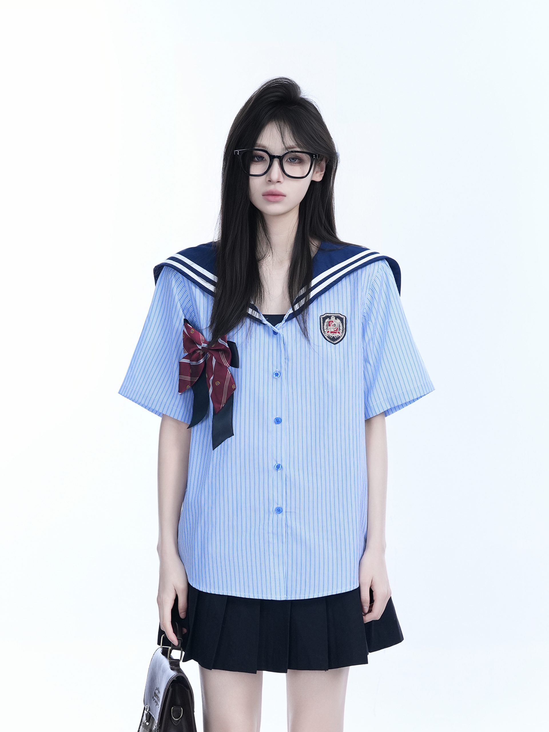 Navy Collar Bow Short-Sleeve Blouse for Women - Trendy Loose College Style Top with Unique Design Navy Collar Bow Short-Sleeve Blouse for Women - Trendy Loose College Style Top with Unique Design