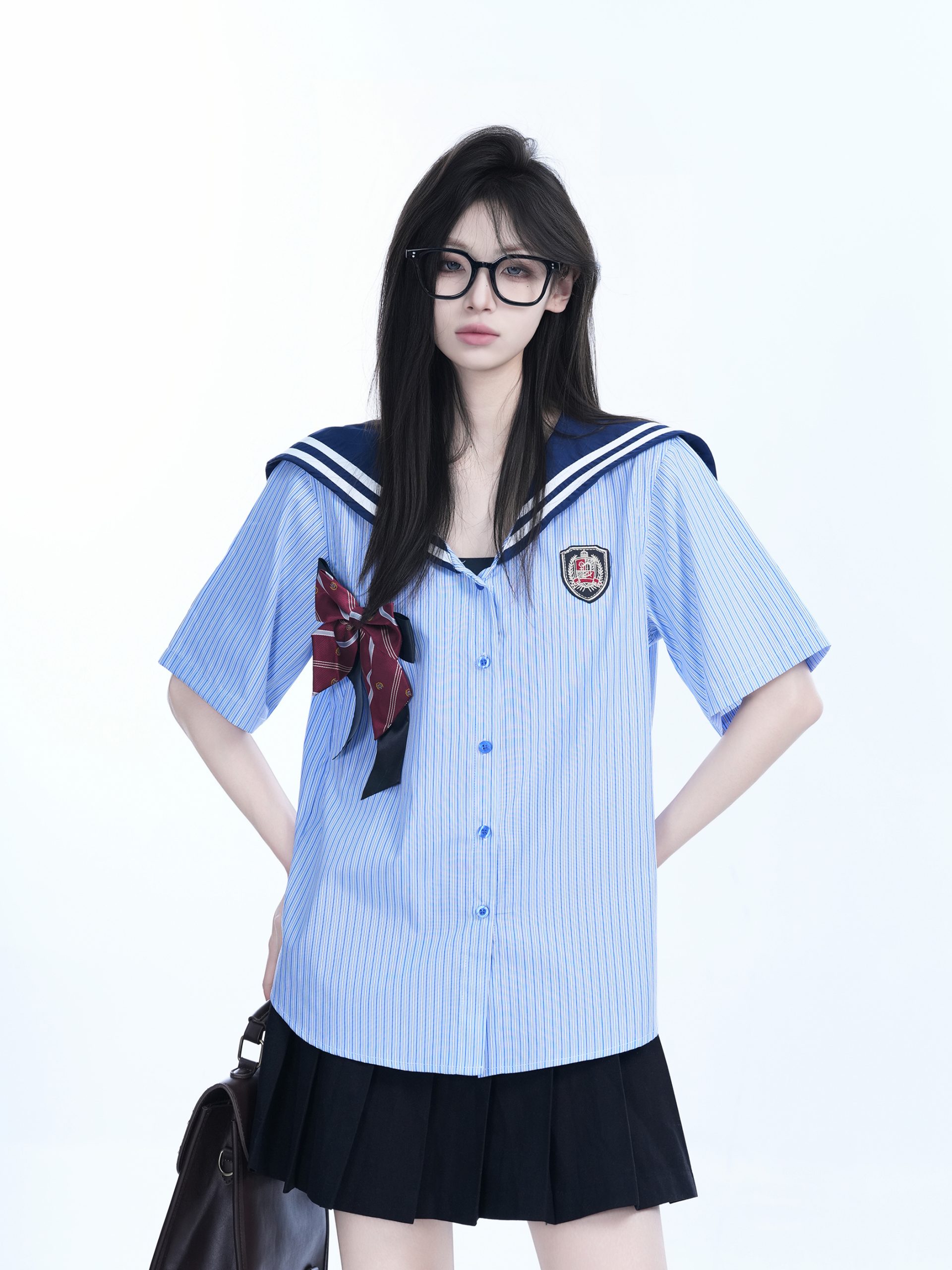 Navy Collar Bow Short-Sleeve Blouse for Women - Trendy Loose College Style Top with Unique Design Navy Collar Bow Short-Sleeve Blouse for Women - Trendy Loose College Style Top with Unique Design