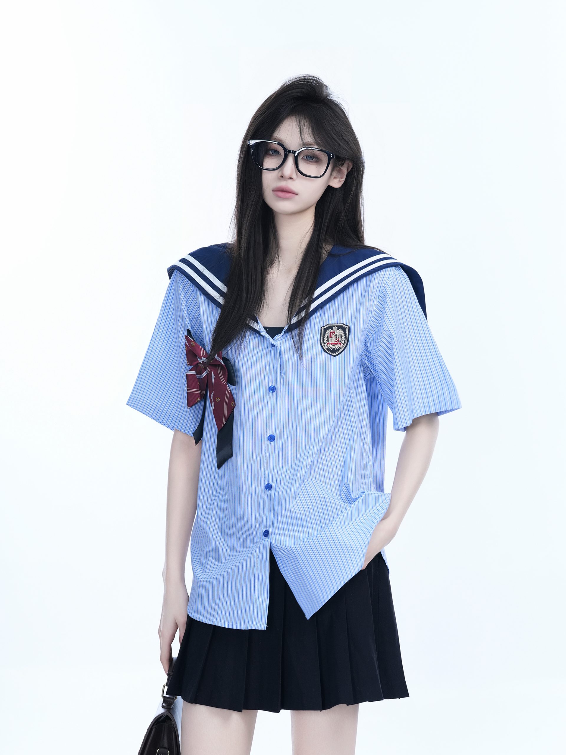 Navy Collar Bow Short-Sleeve Blouse for Women - Trendy Loose College Style Top with Unique Design Navy Collar Bow Short-Sleeve Blouse for Women - Trendy Loose College Style Top with Unique Design