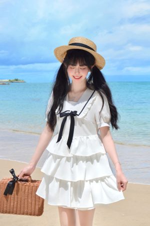 Navy Collar Bowknot College Style Mid-Length Dress with Pudding Bear Print and Cake Skirt â€“ Vintage-Inspired Fashion for Y2K Lovers