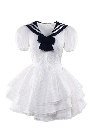 Navy Collar Bubble Sleeve Waist-Cinching Dress for Women - Summer JK Style Slim-Fit Puff Skirt
