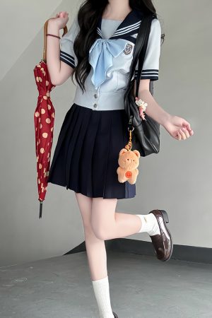 Navy Collar Japanese JK Uniform Sailor Suit Set with Waist-Defined Design - College Style Pudding Bear Aesthetic