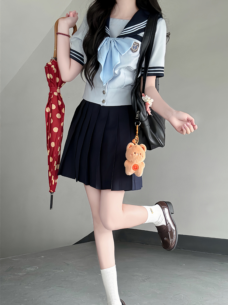 Navy Collar Japanese JK Uniform Sailor Suit Set with Waist-Defined Design - College Style Pudding Bear Aesthetic Navy Collar Japanese JK Uniform Sailor Suit Set with Waist-Defined Design - College Style Pudding Bear Aesthetic
