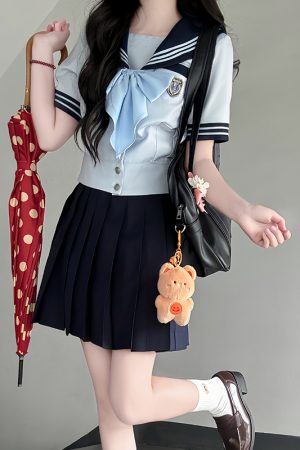 Navy Collar Japanese JK Uniform Sailor Suit Set with Waist-Defined Design - College Style Pudding Bear Aesthetic