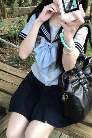 Navy Collar Japanese JK Uniform Sailor Suit Set with Waist-Defined Design - College Style Pudding Bear Aesthetic