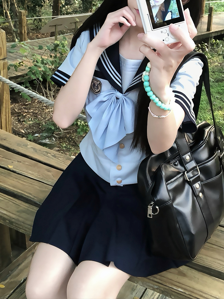 Navy Collar Japanese JK Uniform Sailor Suit Set with Waist-Defined Design - College Style Pudding Bear Aesthetic Navy Collar Japanese JK Uniform Sailor Suit Set with Waist-Defined Design - College Style Pudding Bear Aesthetic
