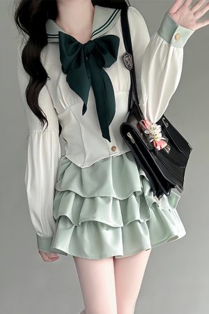Navy Collar JK Uniform Cake Skirt with Long Sleeve Top, College Style Japanese Sailor Suit, Slimming Outfit for Women